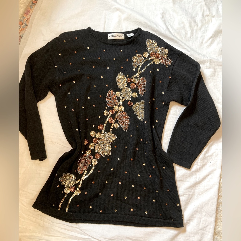 Vintage 80s black and gold sequined tunic length sweater MED